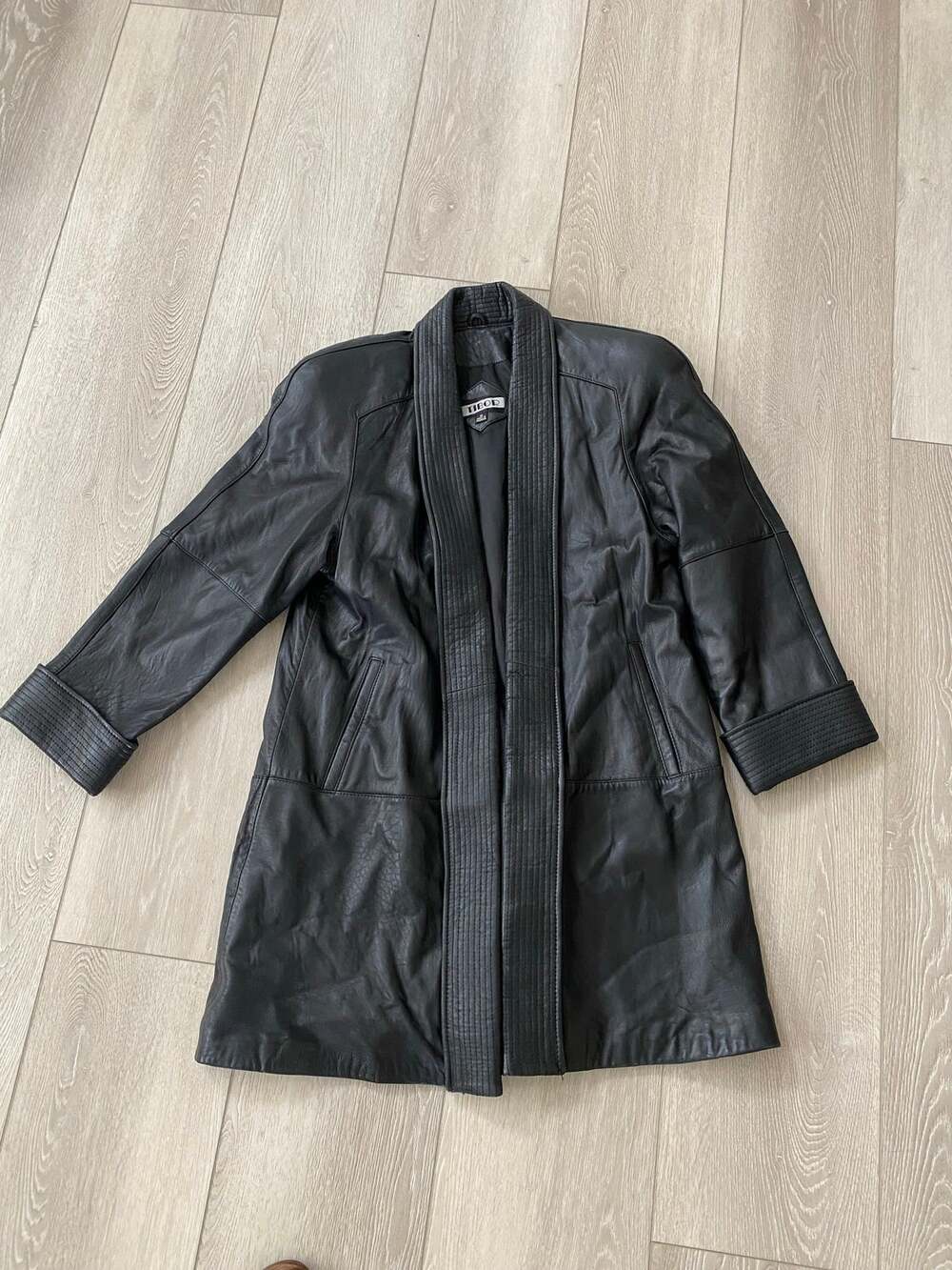 Vintage Tibor 100% Leather Black Open Front Long Coat Jacket Size S